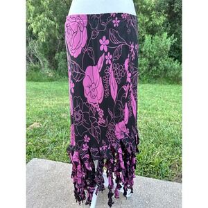 Vintage 90s Floral Fringe Gypsy Whimsigoth Witch Boho Maxi Skirt Pink Black